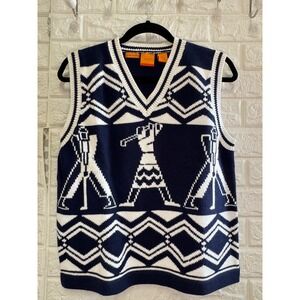 Leon Levin Play Hand Loomed Golf Sweater Vest Navy Blue White Cotton Mens Medium
